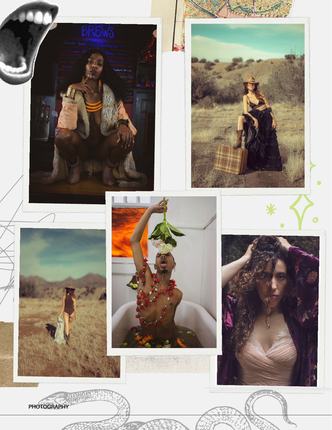 Photography portfolio page with an editorial collage of portraits
